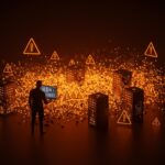 Visualización de riesgos de seguridad en IA con servidores expuestos de Ollama AI en tonos naranja y negro representando vulnerabilidades y automatización segura.