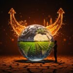 Fundador de startup con globo de agua transparente representando la bancarrota global del agua y oportunidades en sostenibilidad y cambio climático.