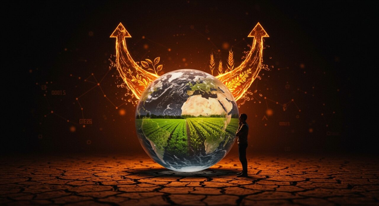 Fundador de startup con globo de agua transparente representando la bancarrota global del agua y oportunidades en sostenibilidad y cambio climático.