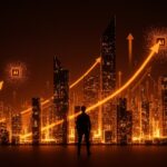 Fundador tecnológico frente a una ciudad digital iluminada con paleta naranja y negra, simbolizando la expansión de OpenAI en el mercado enterprise y las tendencias de IA en startups para 2026.