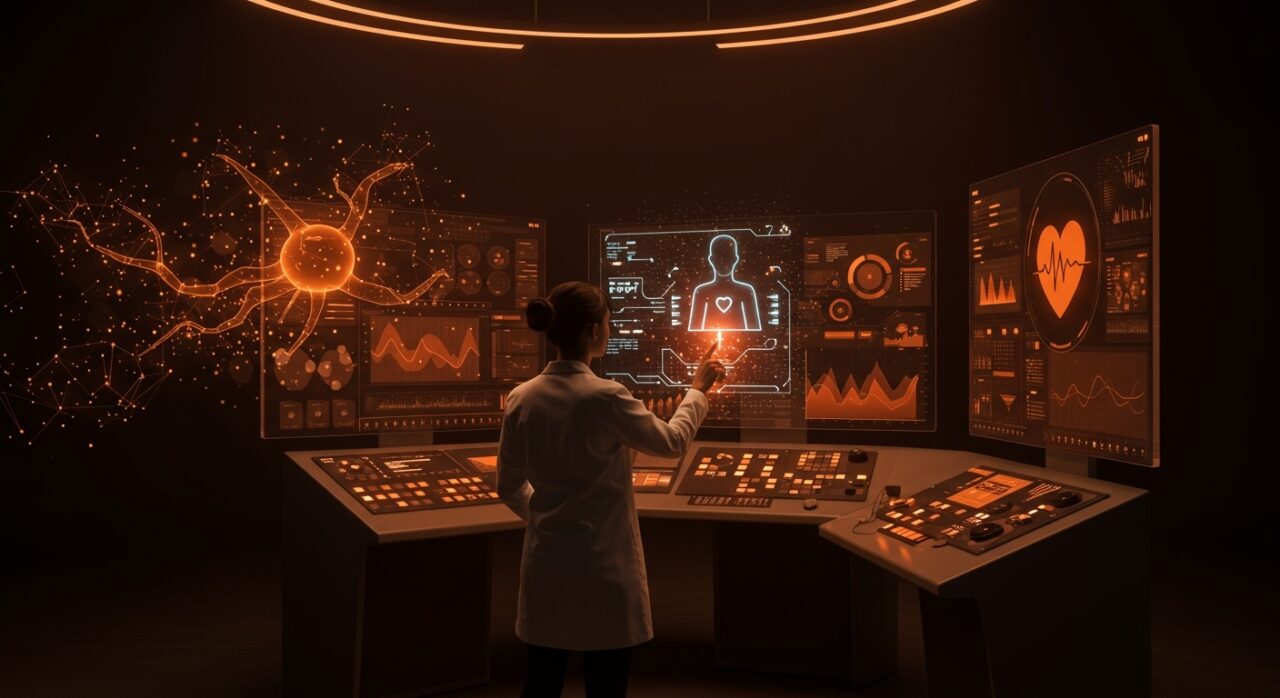 Interfaz futurista de ChatGPT Health de OpenAI mostrando salud digital e inteligencia artificial aplicada en tecnología para startups.