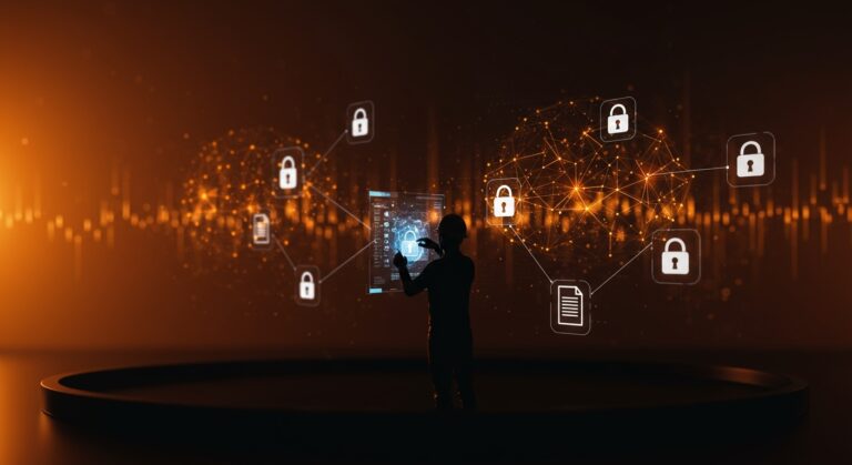 Contratista interactuando con interfaz digital sobre riesgos legales y propiedad intelectual en IA, destacando debates éticos en tecnología startup.