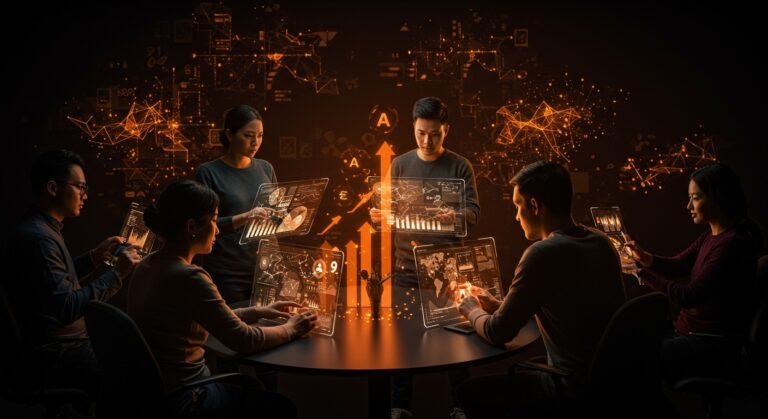 Fundadores técnicos colaborando en interfaces holográficas, simbolizando convocatoria global de talento en inteligencia artificial y ecosistema startup.