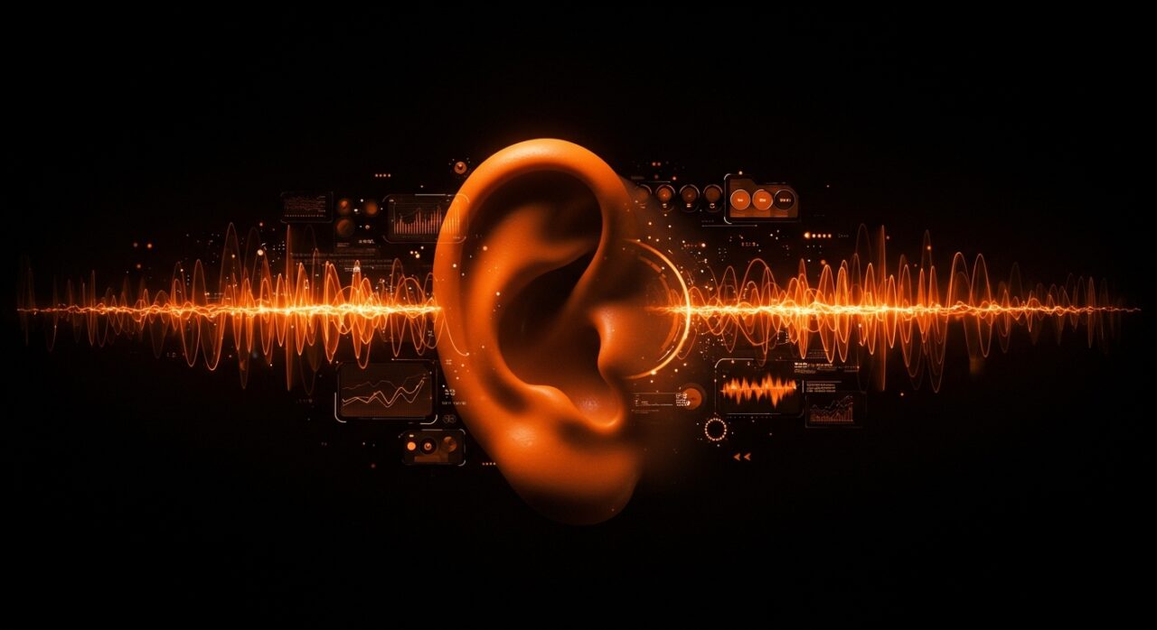 Interfaz de audio futurista destacando la innovación de OpenAI en tecnología y tendencias en Silicon Valley.