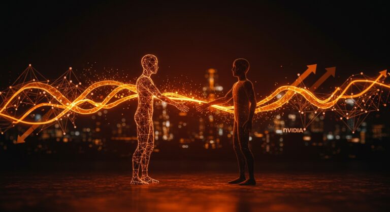 Acuerdo en pausa entre OpenAI y Nvidia simbolizado con un apretón de manos digital y redes neuronales, destacando impacto en financiamiento y startups tech.