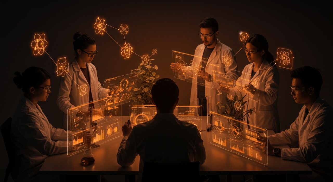 Científicos y emprendedores colaborando en investigación científica potenciada por inteligencia artificial con visuales futuristas en colores naranja y negro.