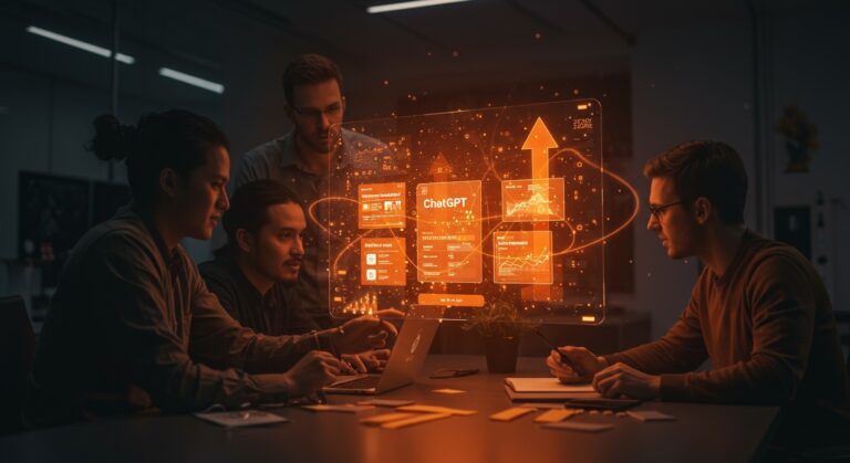 Equipo de founders analizando anuncios integrados en ChatGPT, representando la monetización de IA y tendencias tecnológicas en startups.