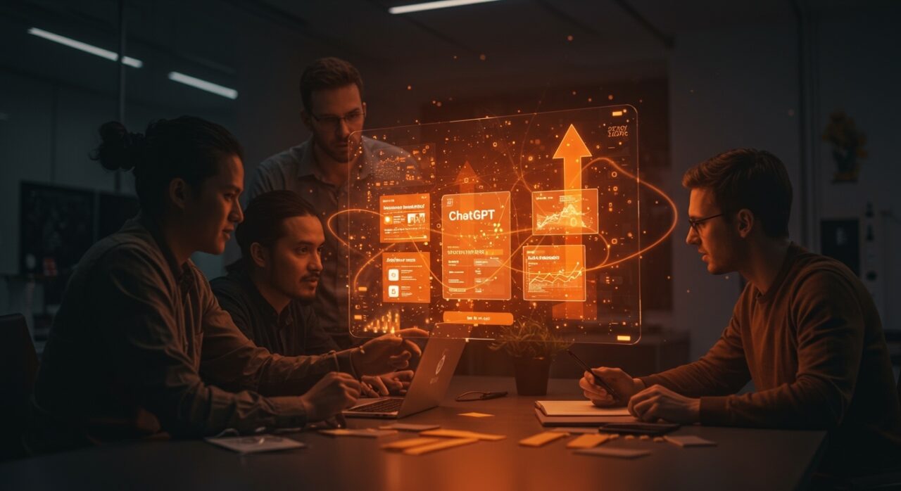 Equipo de founders analizando anuncios integrados en ChatGPT, representando la monetización de IA y tendencias tecnológicas en startups.