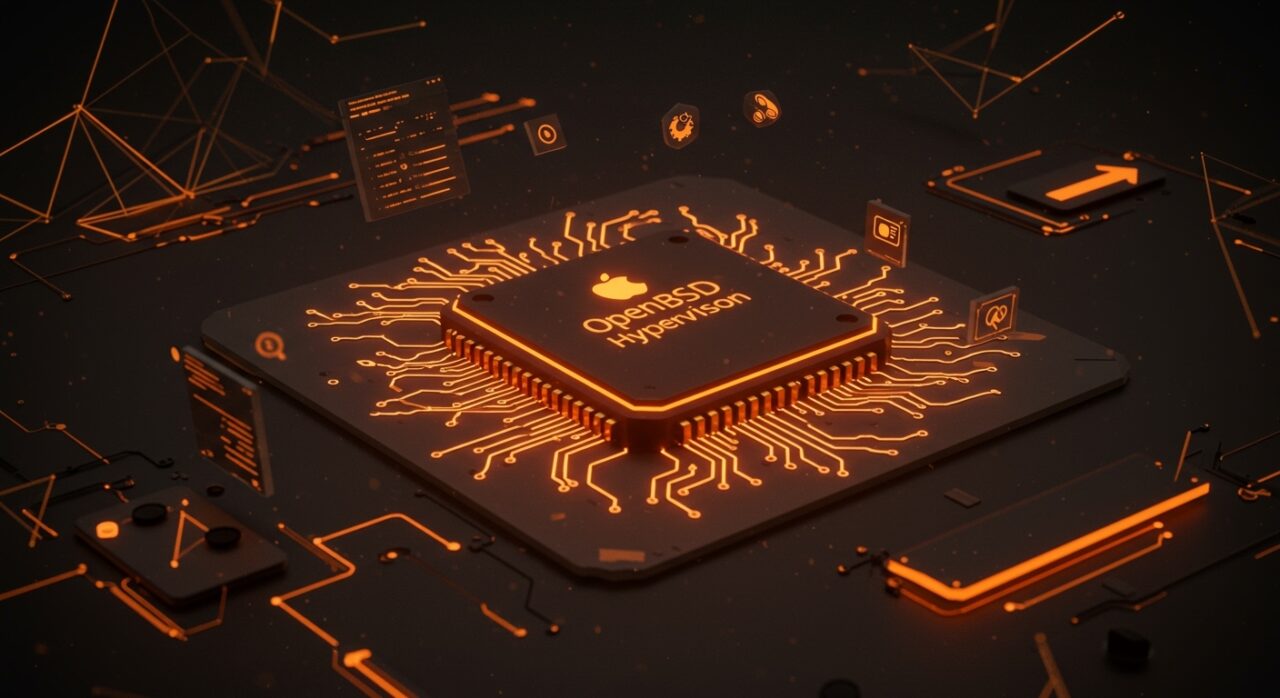 OpenBSD funcionando en Apple Hypervisor sobre Apple Silicon, destacando virtualización y tecnología libre en un entorno innovador.