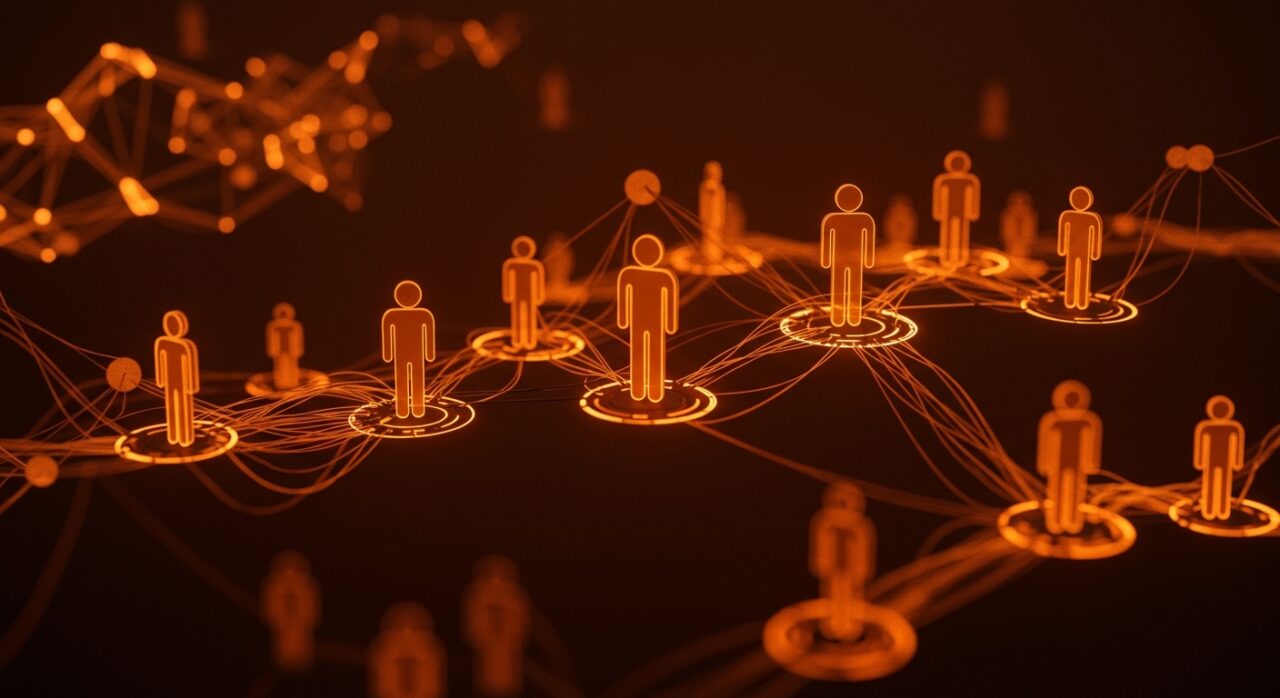 Red social de asistentes de IA conectados visualizando la innovación tecnológica y la revolución en startups tech.