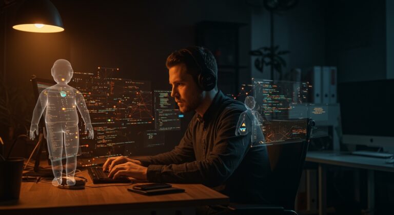 Ingeniero fundador trabajando en infraestructura tecnológica para coding agents en startup YC con ambiente innovador en San Francisco.