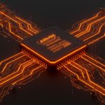 Optimización de GEMM con ARM SME ilustrada con un procesador futurista y flujos de datos para acelerar IA y deep learning en startups.