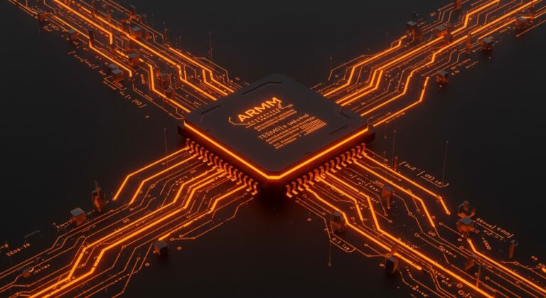 Optimización de GEMM con ARM SME ilustrada con un procesador futurista y flujos de datos para acelerar IA y deep learning en startups.