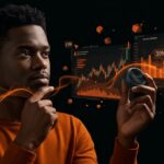 Founder de startup tech con dispositivo wearable Oura y gráficos de recompra de acciones en un entorno digital moderno.