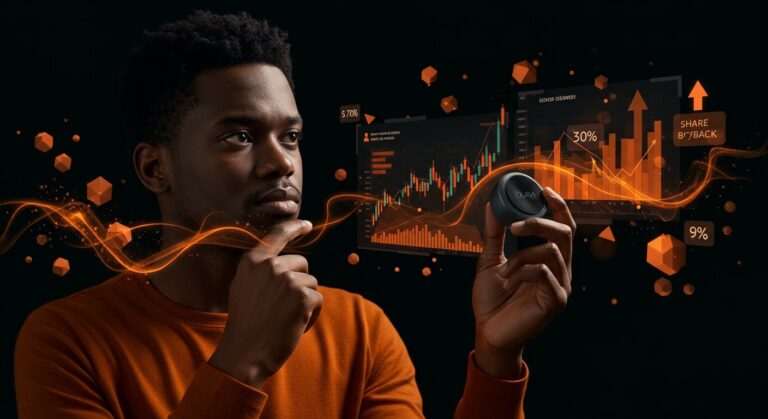 Founder de startup tech con dispositivo wearable Oura y gráficos de recompra de acciones en un entorno digital moderno.