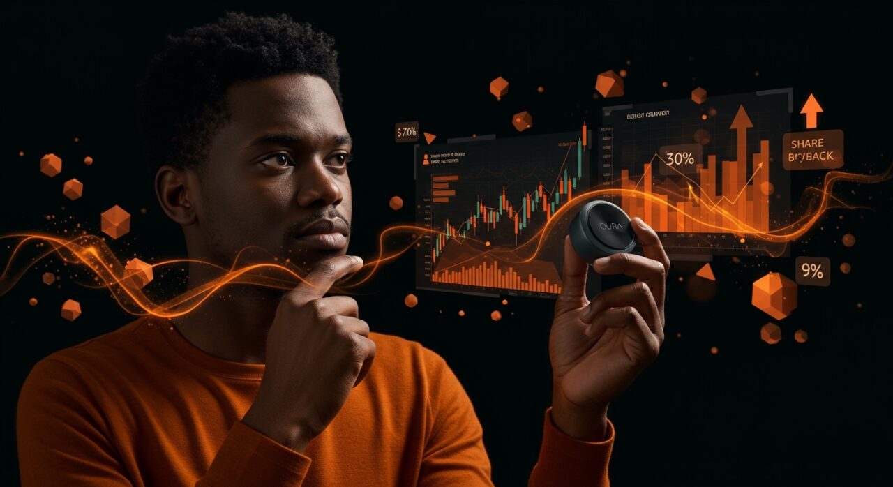 Founder de startup tech con dispositivo wearable Oura y gráficos de recompra de acciones en un entorno digital moderno.