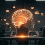 Equipo de startup utilizando inteligencia artificial interactuando con un holograma digital que simboliza habilidades cognitivas y ética en tecnología.