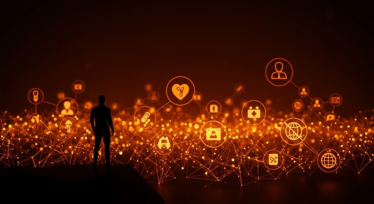 Ilustración editorial de datos de salud y privacidad en tecnología startup, mostrando control migratorio y riesgos éticos.