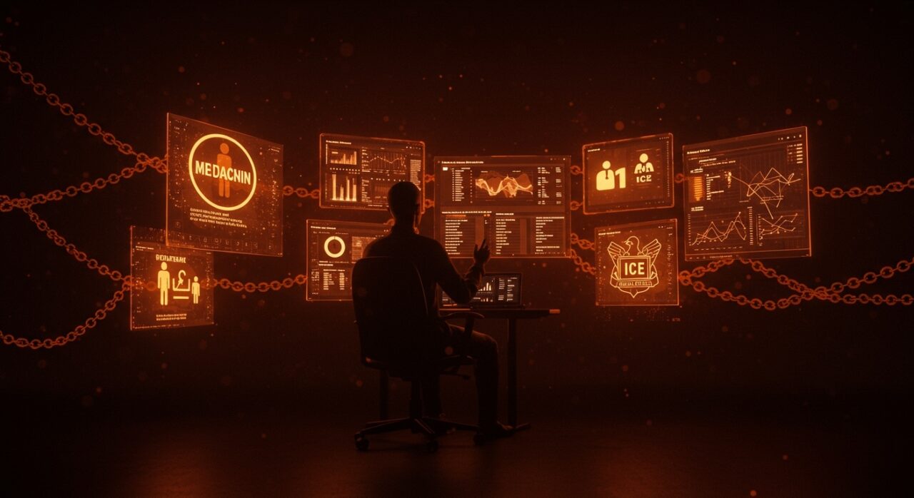 Uso de Palantir por ICE para análisis de datos de Medicaid, ilustrando la vigilancia y las preocupaciones sobre privacidad en tecnología gubernamental.