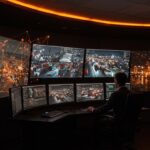 Inteligencia artificial aplicada a la seguridad portuaria en un centro de control futurista con visión computacional y tecnología innovadora de startup cántabra.