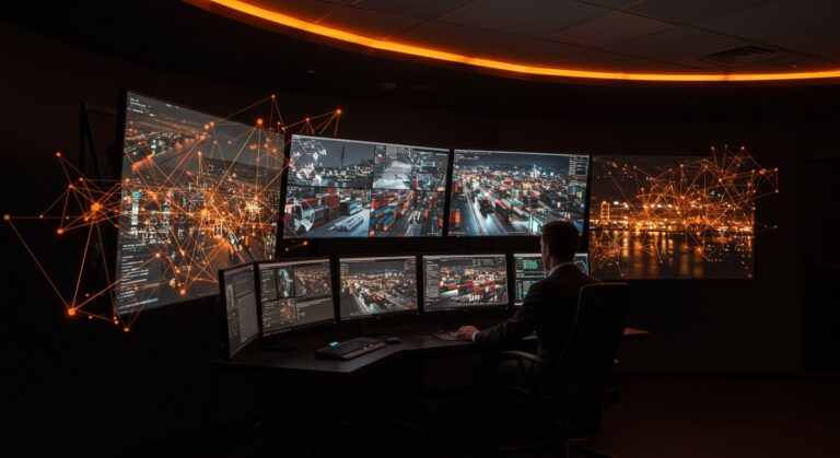 Inteligencia artificial aplicada a la seguridad portuaria en un centro de control futurista con visión computacional y tecnología innovadora de startup cántabra.