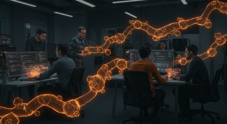 Equipo de ingenieros expertos en Postgres y Rust trabajando en un entorno tecnológico de startup innovadora.