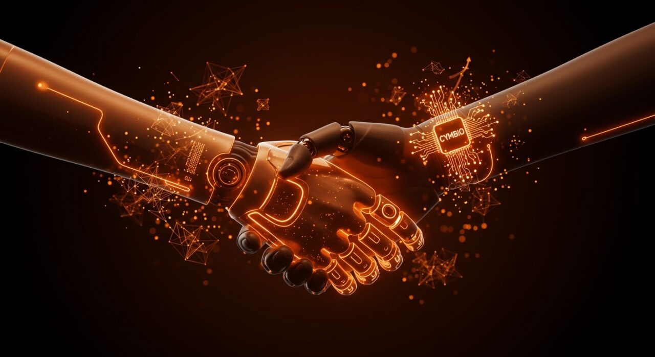 Adquisición de Cymbio por PayPal representada por un apretón de manos robóticas con metáforas de IA y fintech en comercio electrónico.