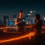 Fundador de startup interactuando con interfaz digital que representa la automatización del comercio ágil de PayPal y Cymbio en LATAM con IA.