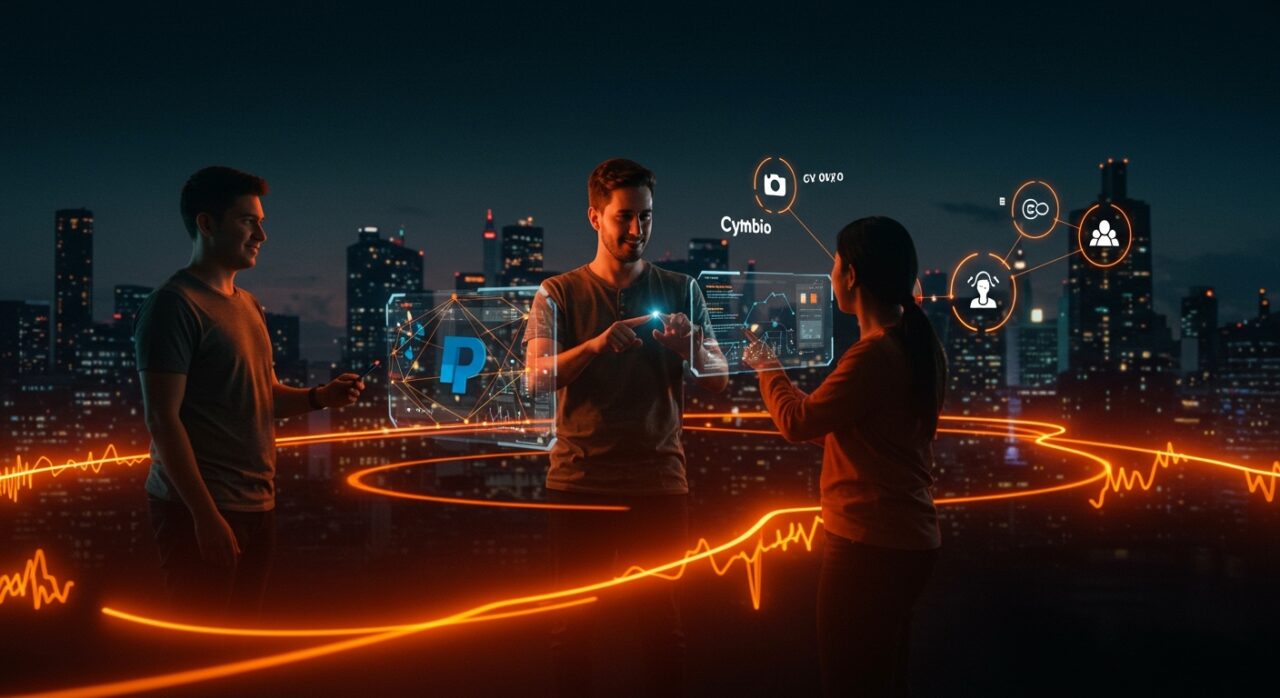 Fundador de startup interactuando con interfaz digital que representa la automatización del comercio ágil de PayPal y Cymbio en LATAM con IA.