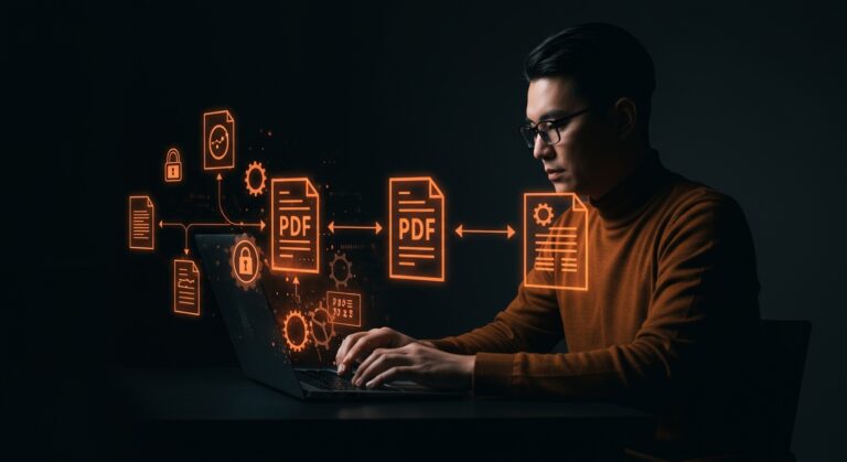 Fundador utilizando herramientas PDF locales y seguras para automatización y gestión privada de documentos en startups.