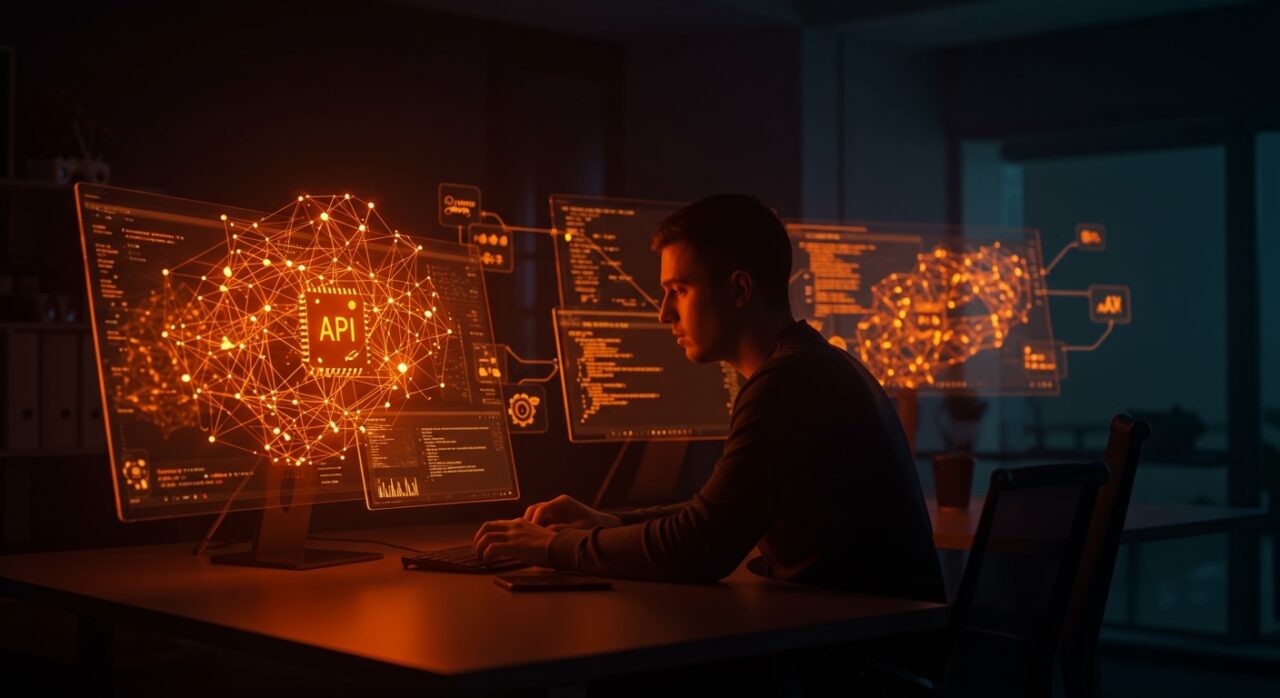 Founder trabajando con inteligencia artificial aplicada y scraping open source en un entorno tecnológico moderno destacado en naranja y negro.