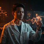Fundador de startup biotech analizando estructuras holográficas de péptidos, representando mercado gris, biohacking y regulación FDA en LATAM.