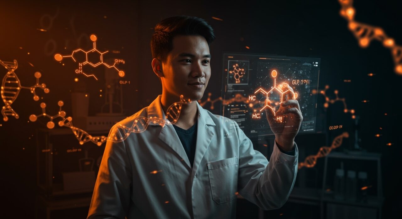 Fundador de startup biotech analizando estructuras holográficas de péptidos, representando mercado gris, biohacking y regulación FDA en LATAM.