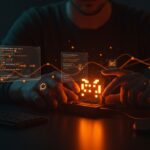 Desarrollador interactuando con Pixoo 64 para automatización en hardware IoT usando Ruby, en un entorno tecnológico innovador.