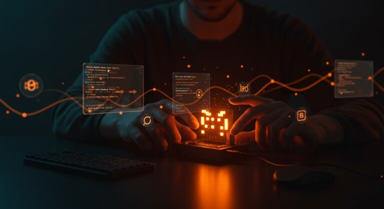 Desarrollador interactuando con Pixoo 64 para automatización en hardware IoT usando Ruby, en un entorno tecnológico innovador.
