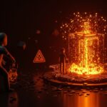 Insider manipulando un modelo de inteligencia artificial con datos envenenados representados como una fuente tóxica, ilustrando riesgos en el entrenamiento de IA para startups.