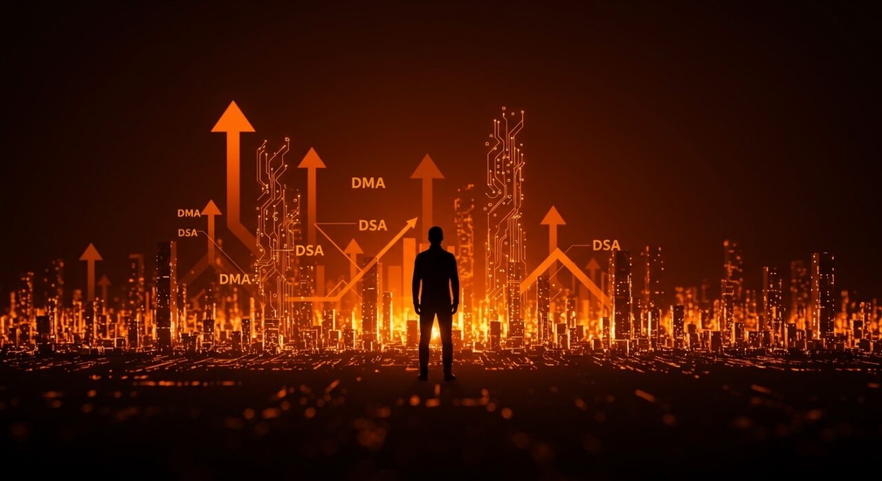 Política digital europea impulsando ecosistemas abiertos y tendencias clave con regulación DMA, DSA e innovaciones en registros de marcas en 2026.