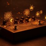 Pedal Polyend Endless en primer plano con iluminación naranja y negra, representando hardware musical innovador con IA y tokenización para comunidad tecnológica.