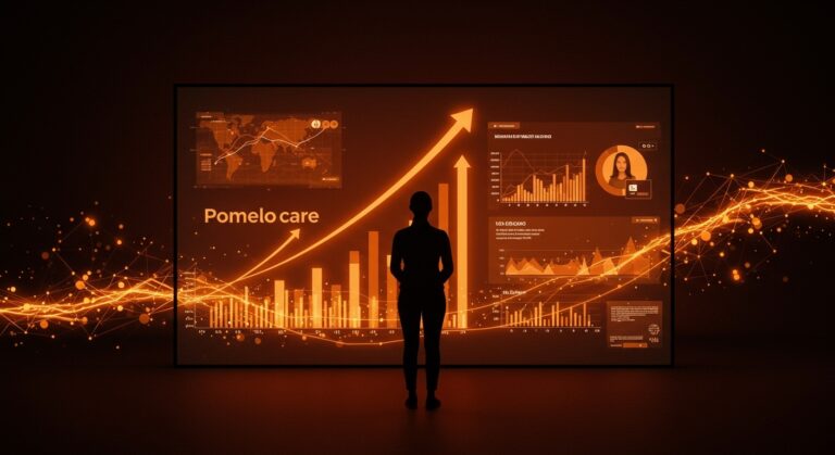 Líder femenina frente a datos digitales representando el crecimiento y funding de la startup de salud digital Pomelo Care.