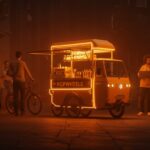 Carrito de comida eléctrico PopWheels impulsando movilidad urbana sostenible con baterías eléctricas en un entorno innovador para startups.