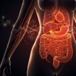 Representación artística del dolor visceral en mujeres activado por estrógeno con elementos de innovación healthtech y biotecnología en salud femenina.