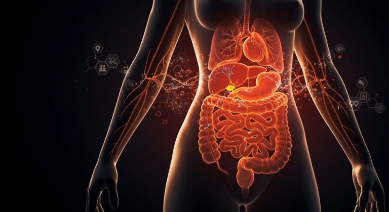 Representación artística del dolor visceral en mujeres activado por estrógeno con elementos de innovación healthtech y biotecnología en salud femenina.