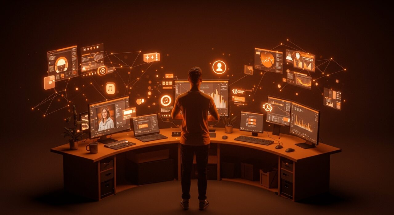 Startup controlando contenido propio con automatización de sindicación en redes sociales para independencia digital.