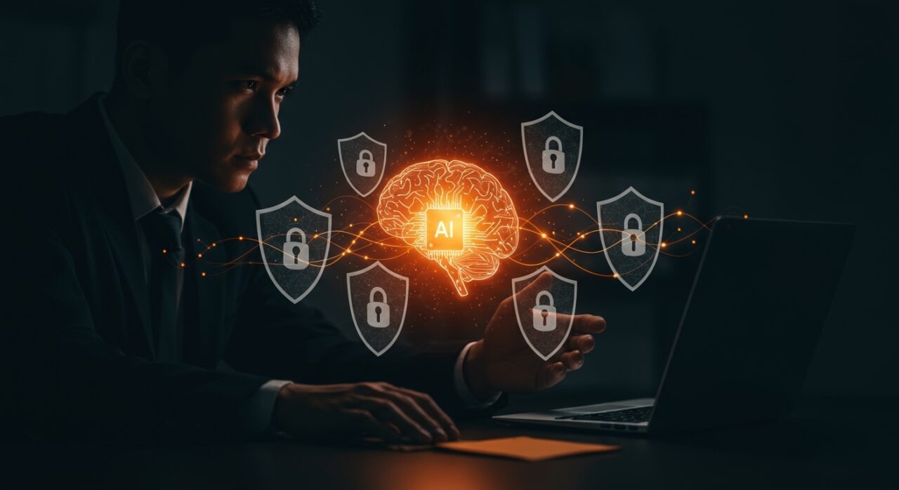 Evaluación de seguridad en IA para empresas con representaciones visuales de defensas adaptativas y modelos de lenguaje en un entorno tecnológico moderno.