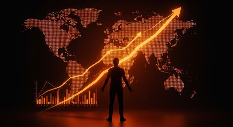 Preply alcanza estatus de unicornio con ronda de funding récord, ilustrado con fundador y mapa global en tonos naranja y negro.