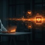 Liderazgo en IA aplicada en healthcare representado por una experta frente a datos holográficos en un entorno tecnológico moderno.