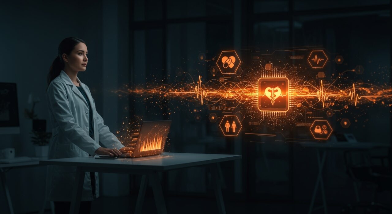 Liderazgo en IA aplicada en healthcare representado por una experta frente a datos holográficos en un entorno tecnológico moderno.