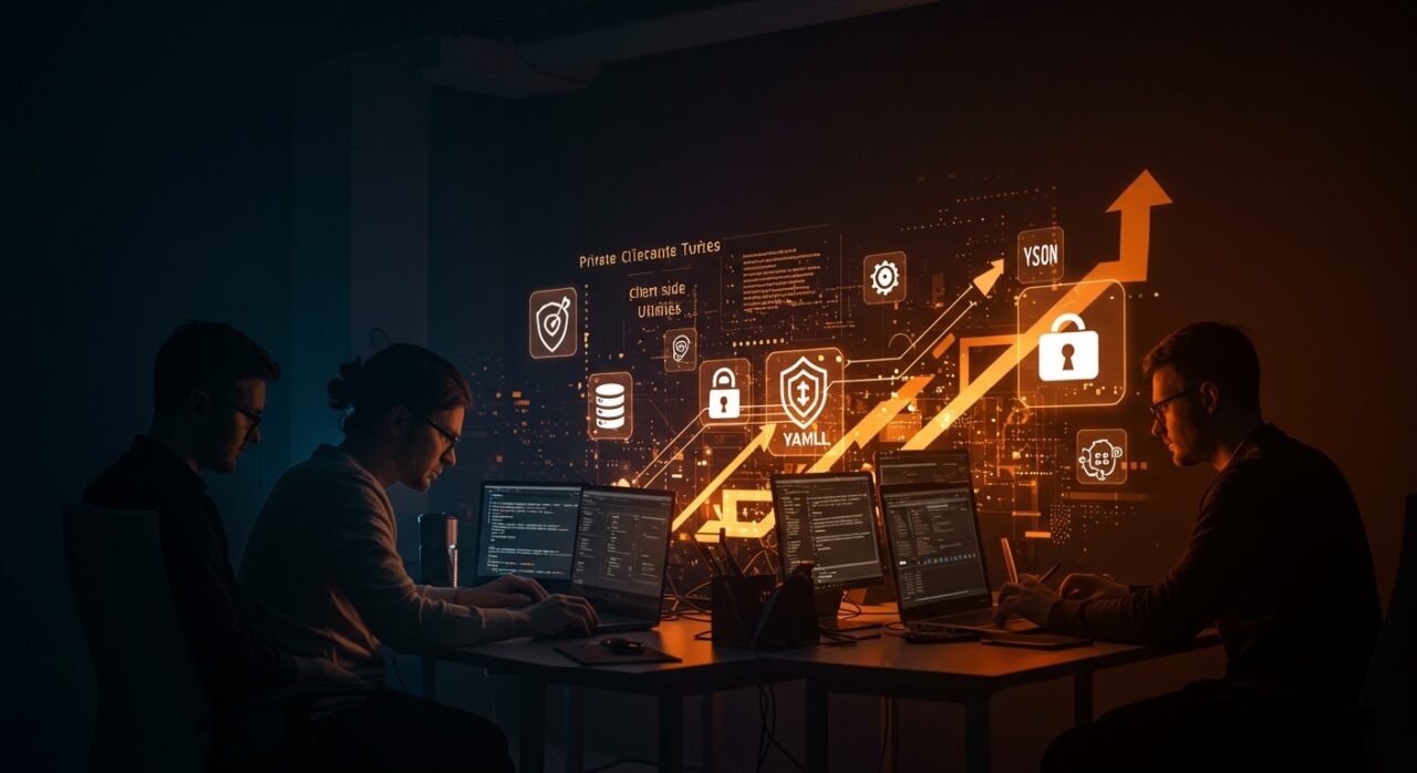 Herramientas de desarrollo web privadas y gratuitas en un entorno colaborativo con metáforas visuales de automatización y seguridad de datos.