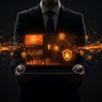 Ilustración digital que representa la privacidad y el rastreo web en portales gubernamentales con iconos de seguridad y redes de datos en tonos naranja y negro.