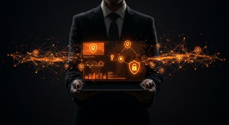 Ilustración digital que representa la privacidad y el rastreo web en portales gubernamentales con iconos de seguridad y redes de datos en tonos naranja y negro.